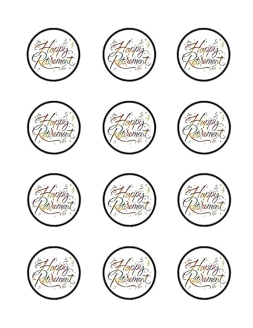 Happy Retirement Cupcake rounds 2 inch's in size 12 per sheet